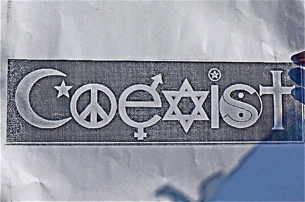Une jeune femme arabe brandit la pancarte "Coexist" lors de la Marche contre le racisme, le 25 mars 2012 à Paris.